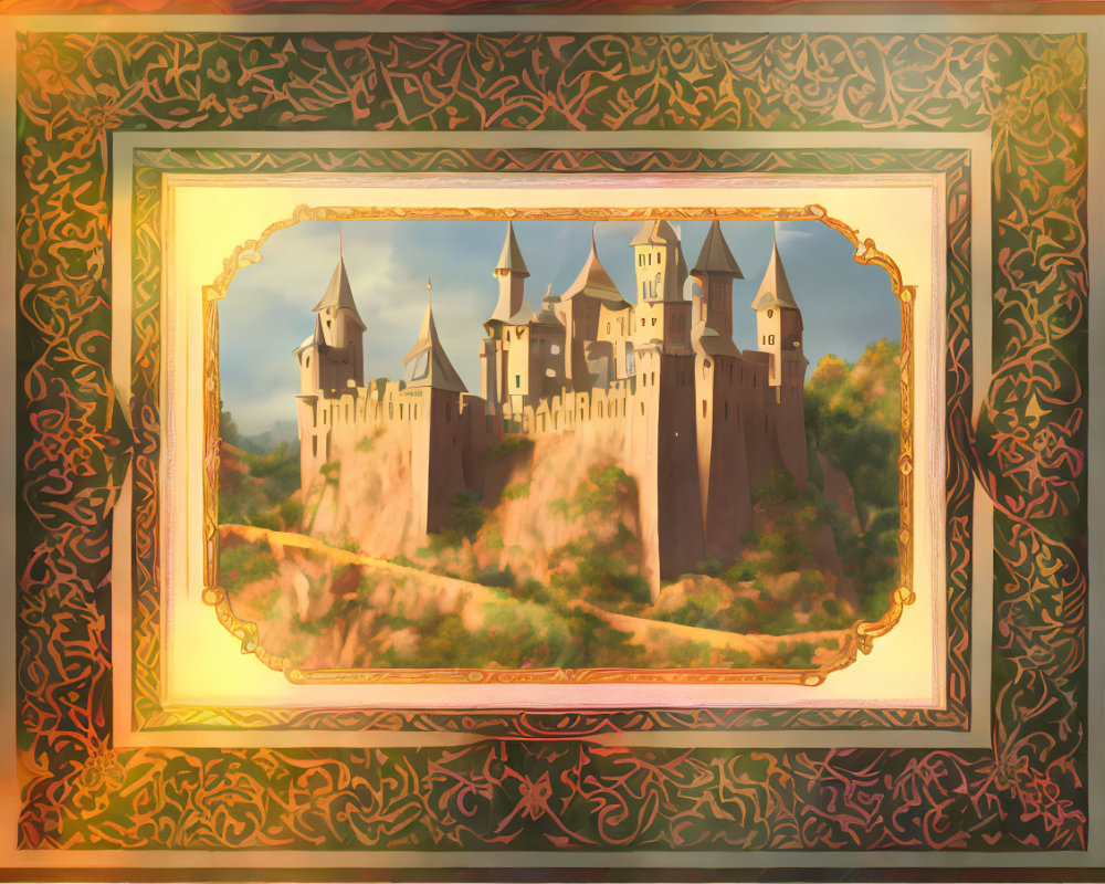 Ornate framed painting of majestic castle in lush greenery