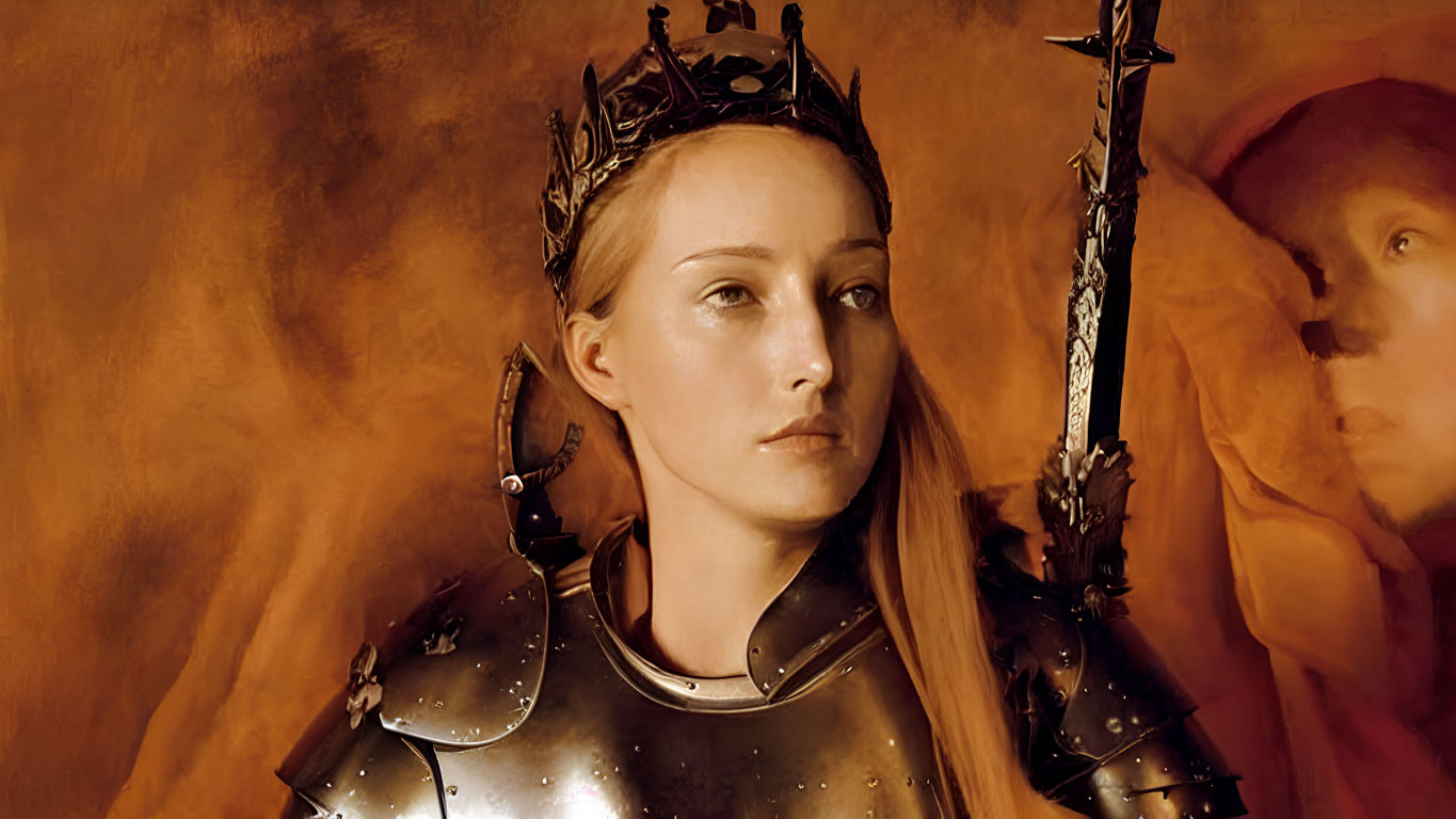 Regal woman in silver armor with crown and spear, warm amber backdrop, ghostly figure.