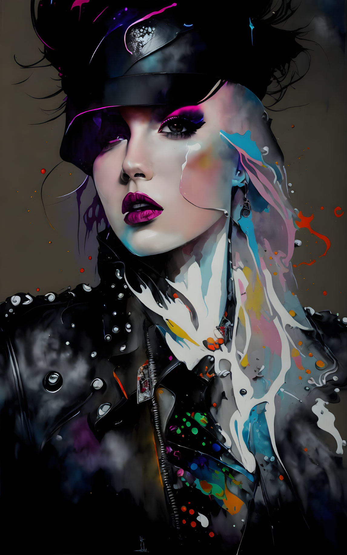 Colorful portrait of woman in police cap and leather jacket