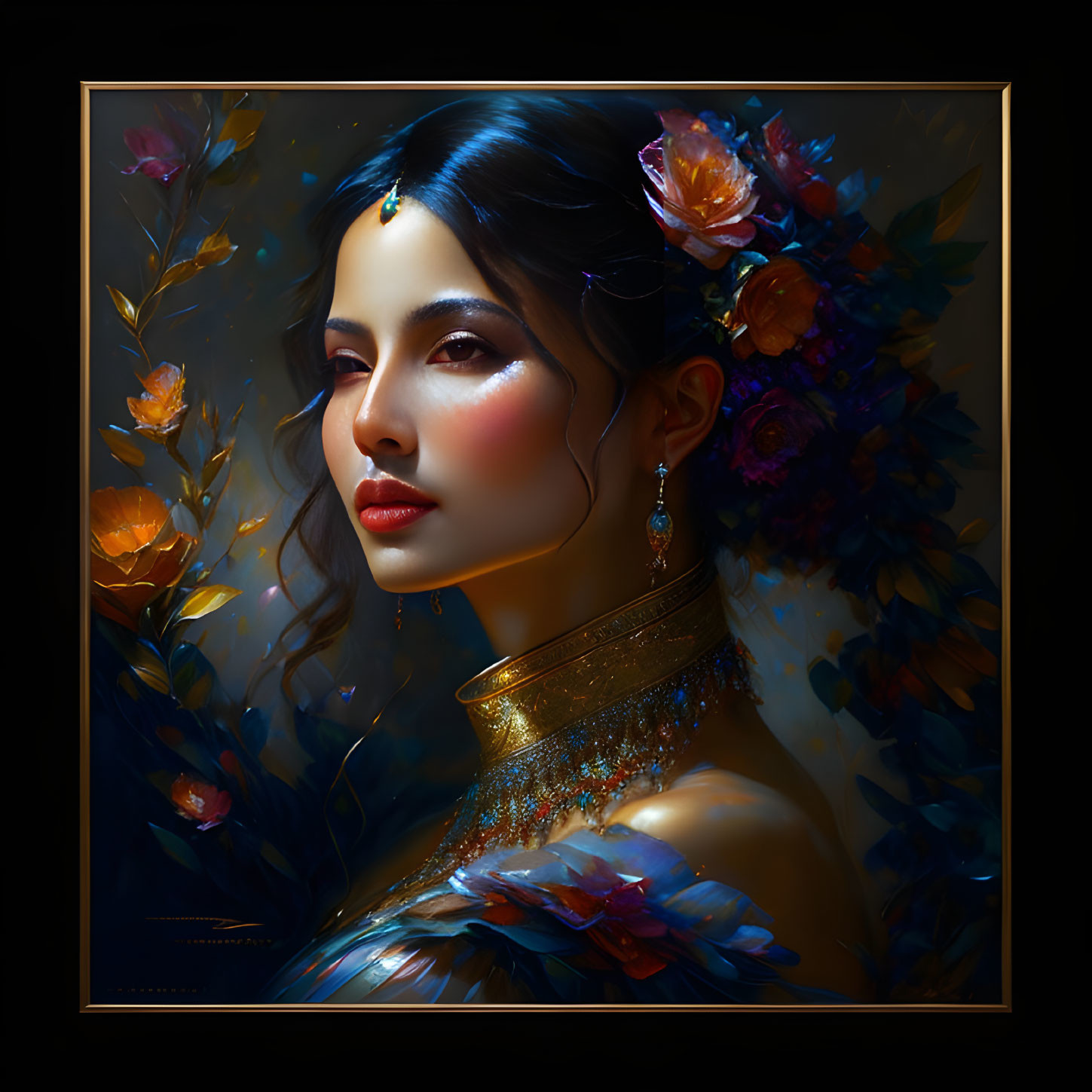 Serene woman portrait with luminous flowers and ornate jewelry