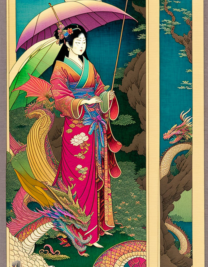 Japanese artwork: Woman in kimono with umbrella, dragon, waterfall