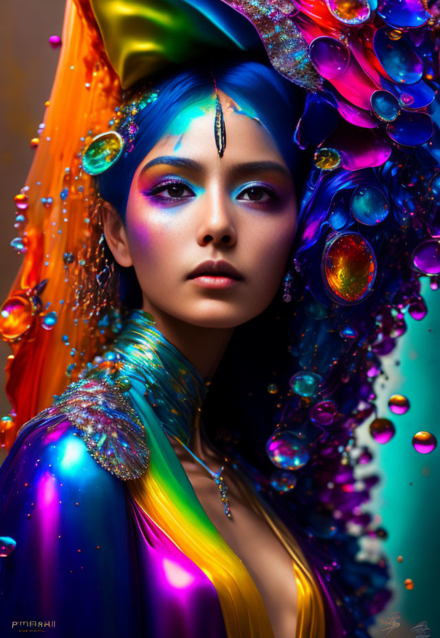 Colorful Portrait with Rainbow Makeup and Attire and Glossy Droplet Embellishment