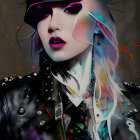 Colorful portrait of woman in police cap and leather jacket