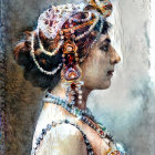 Vivid oil painting of woman in profile with elaborate headdress and jewelry