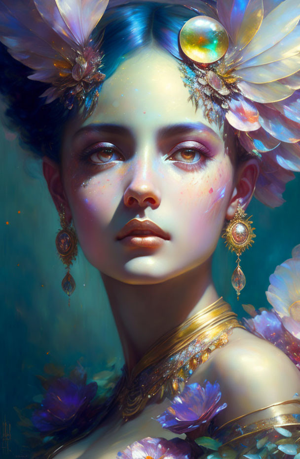 Fantasy portrait of woman with floral and celestial accessories