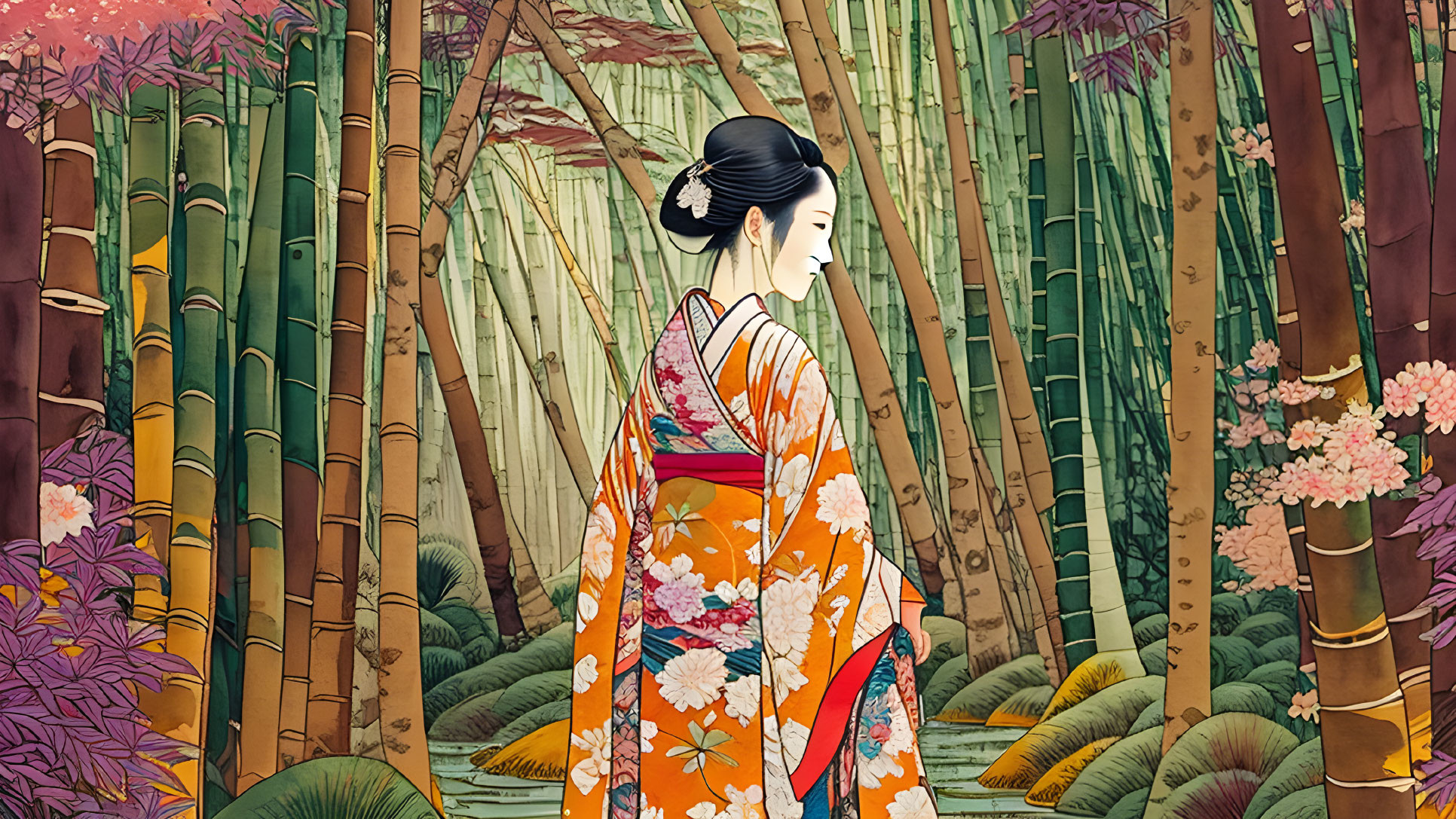 Woman in orange kimono amidst bamboo forest and pink blossoms