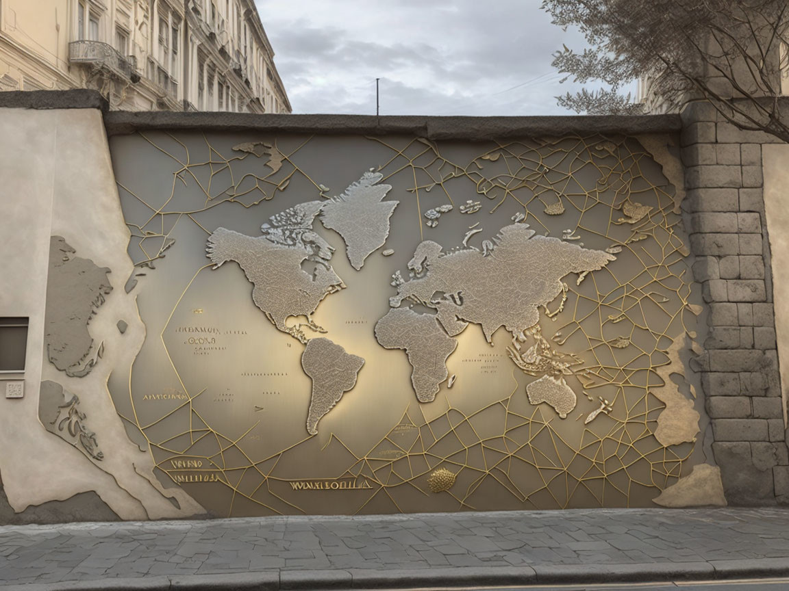 Golden 3D World Map Relief Sculpture on City Street Wall