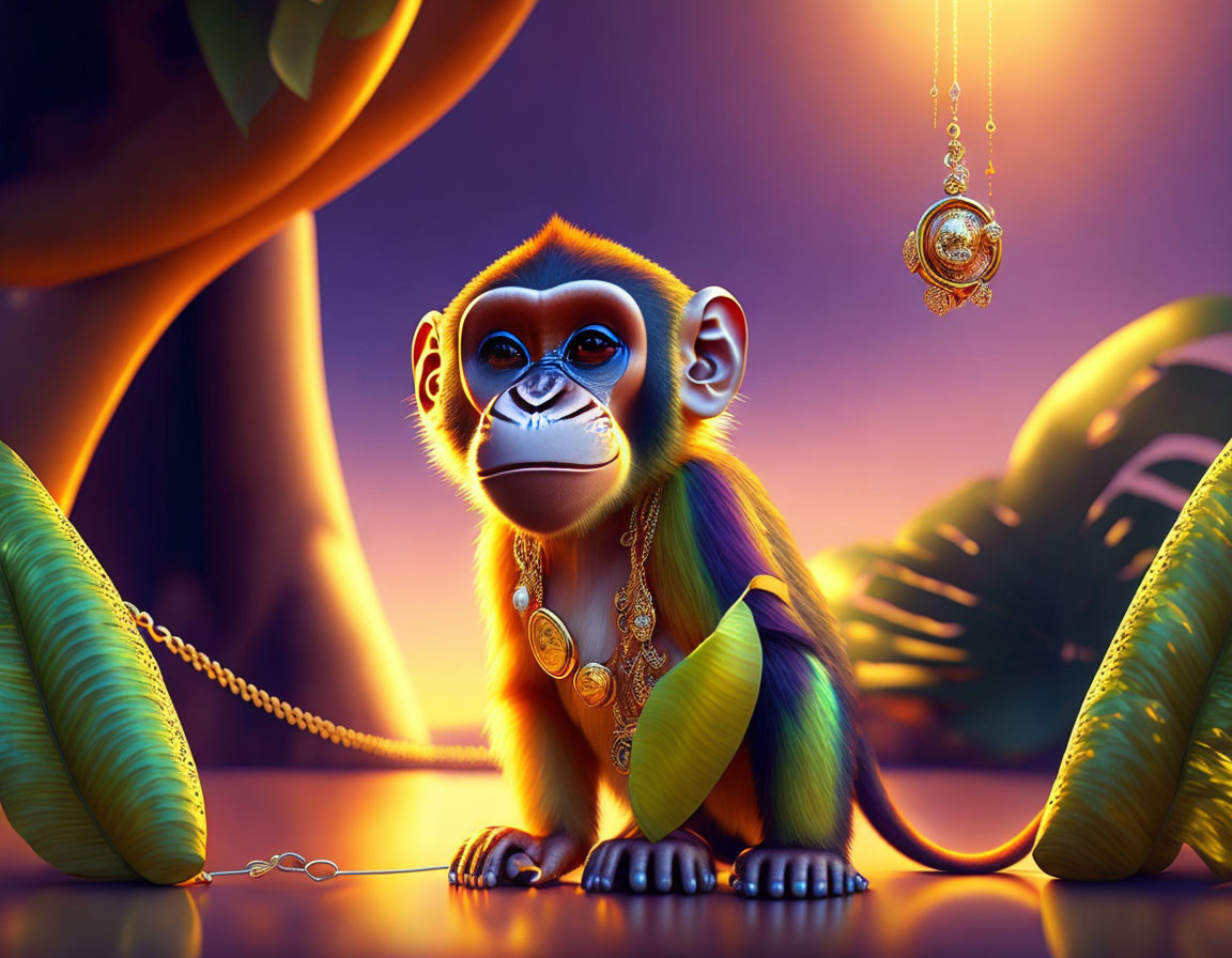 Stylized realistic monkey with golden jewelry in tropical setting with mystical pocket watch