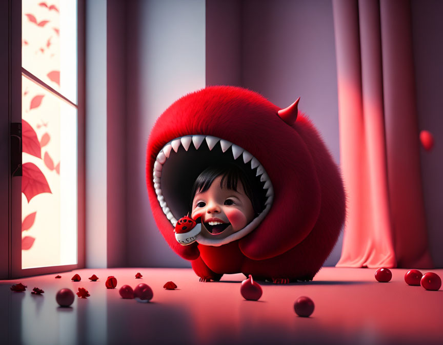 Adorable baby in red monster costume with scattered balls by window