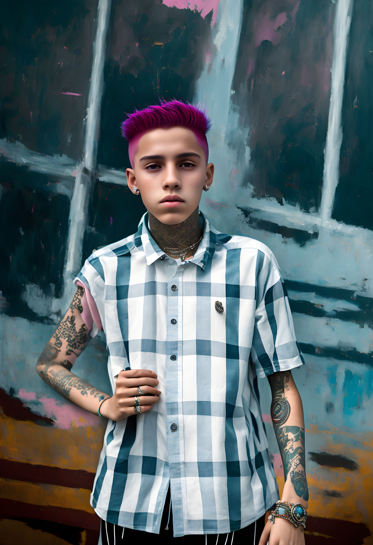 Purple Undercut Hairstyle and Tattoos on Person Against Blue Backdrop