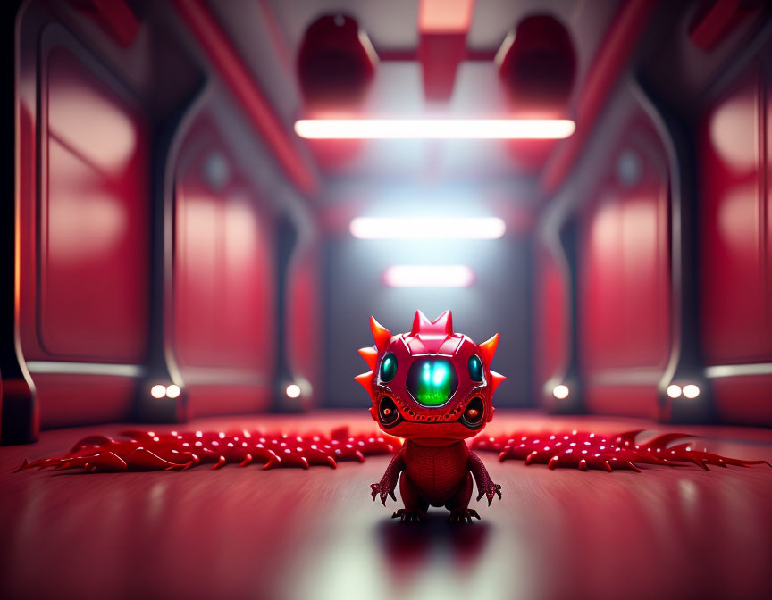 Small Red Dragon-Like Creature in Futuristic Corridor with Glowing Eyes