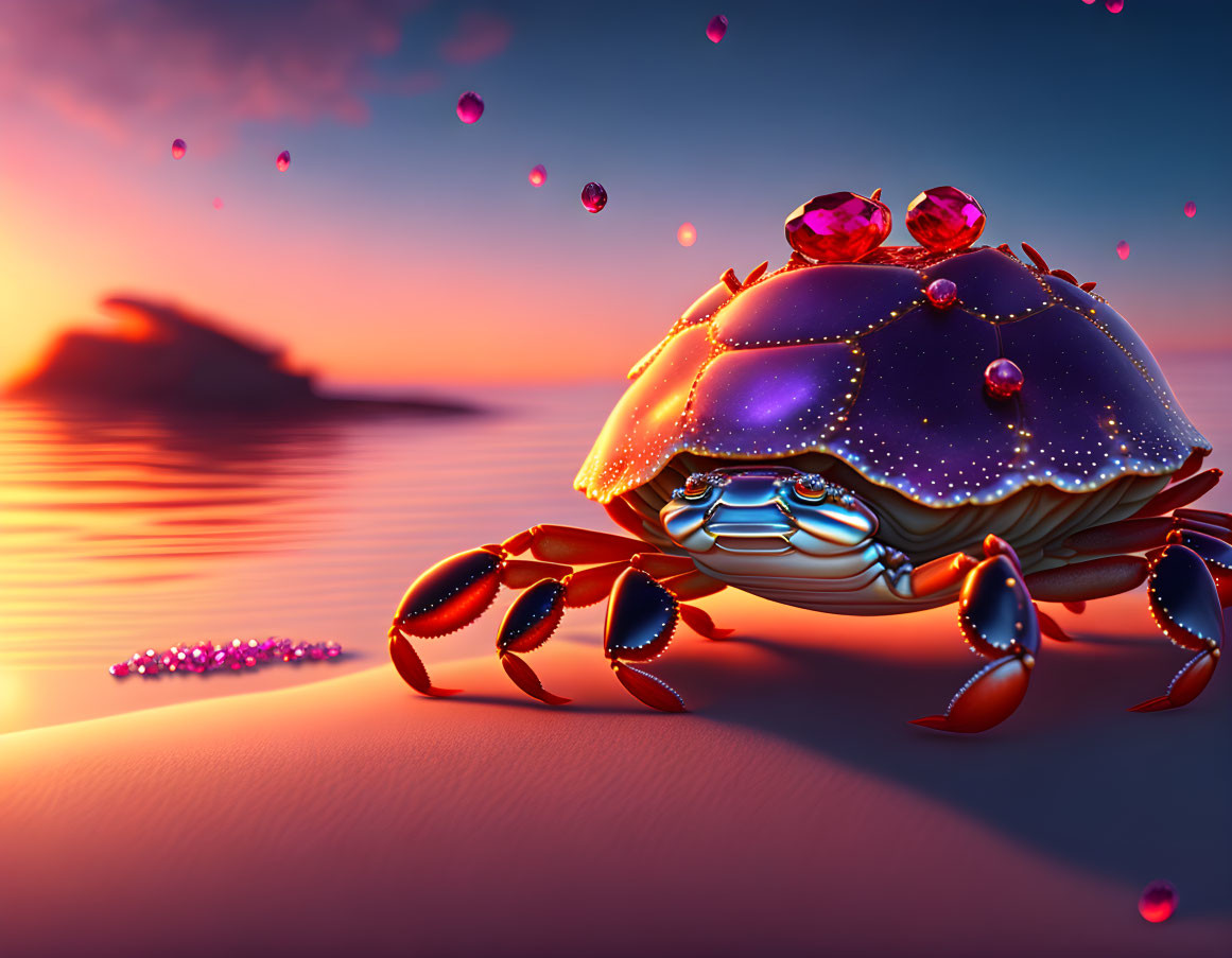 Colorful jeweled crab with gems and pearls on beach at sunset