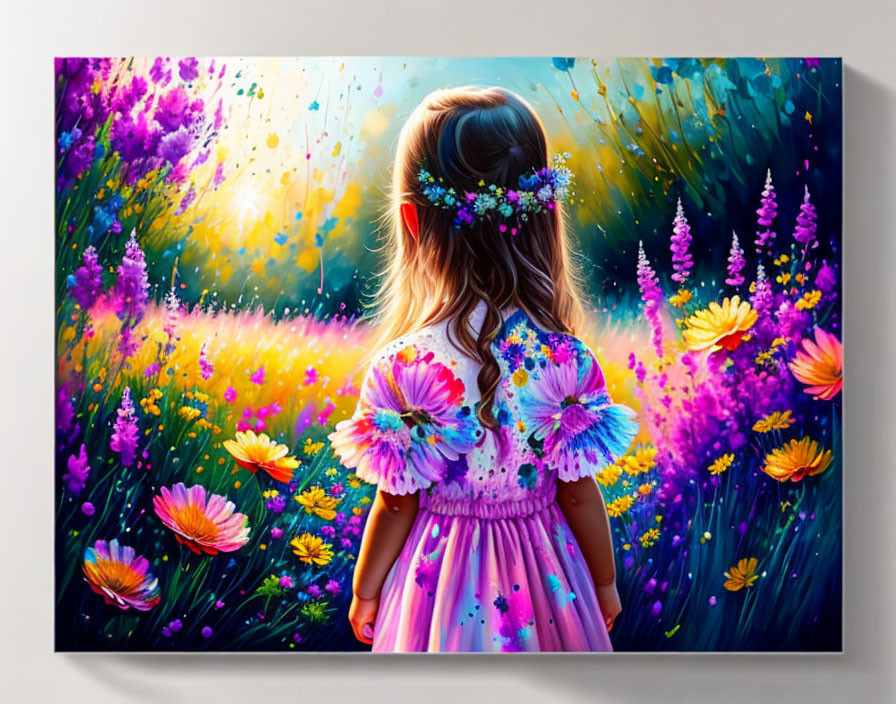 Young girl in floral dress admiring vibrant meadow flowers