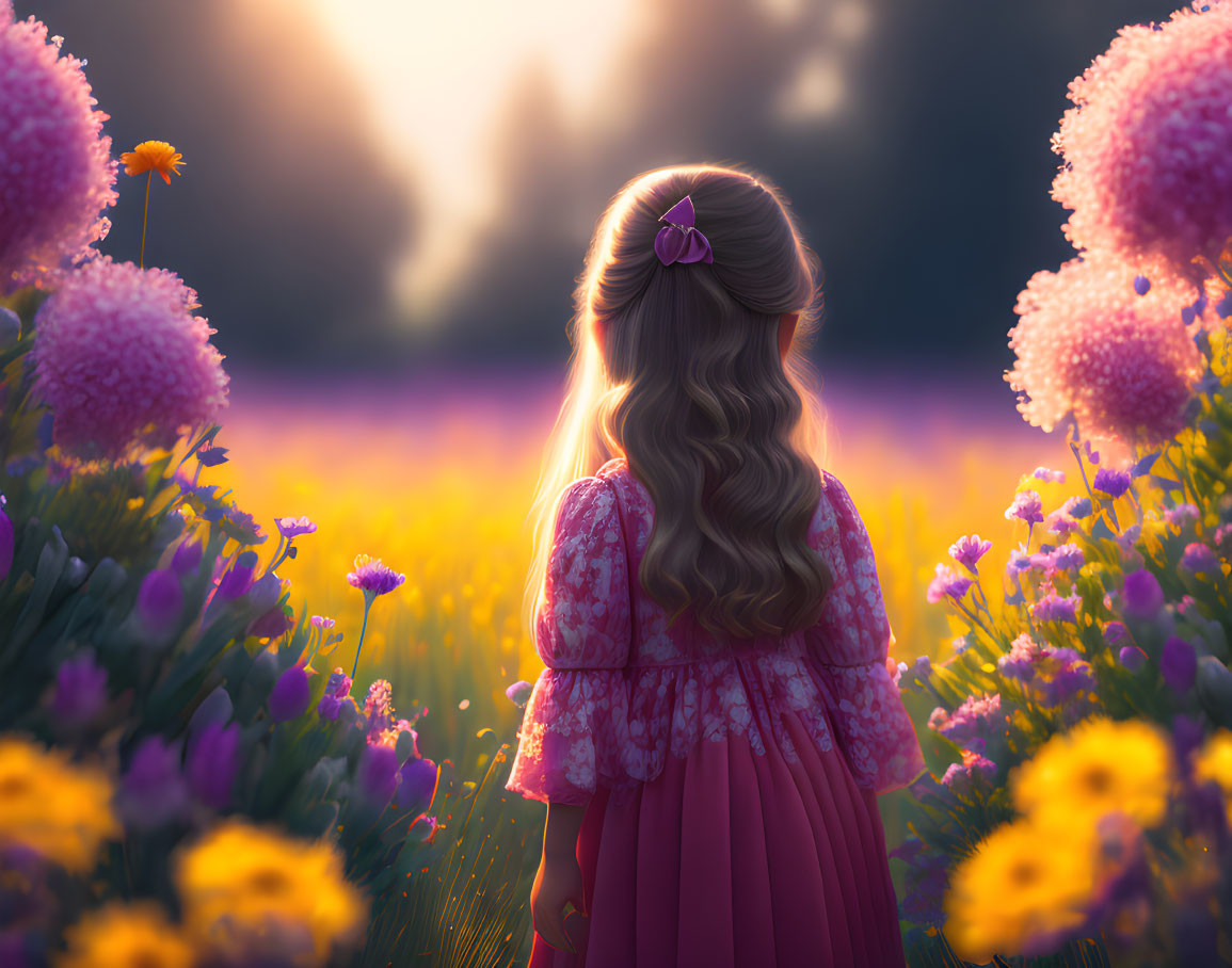 Young girl in pink dress in vibrant purple flower field at sunset