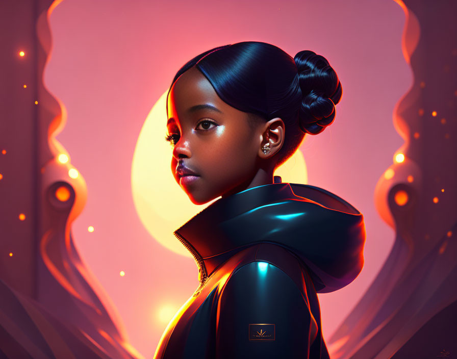 Digital portrait of young girl in futuristic black jacket against red backdrop