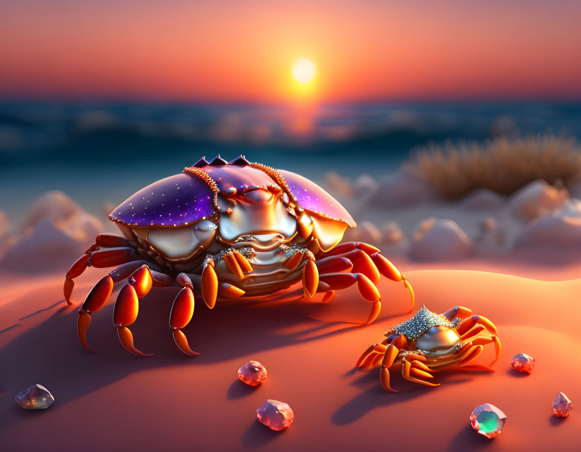 Stylized digital crabs with gemstone textures on sandy beach at sunset