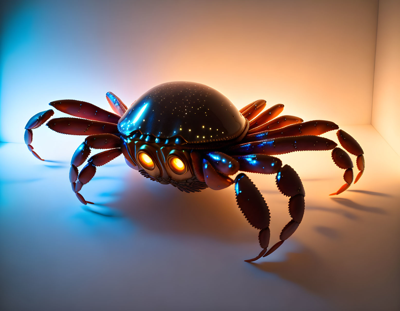 Metallic robotic crab with glowing orange eyes on ambient blue and orange lit background