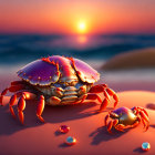 Stylized digital crabs with gemstone textures on sandy beach at sunset