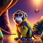 Stylized realistic monkey with golden jewelry in tropical setting with mystical pocket watch