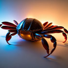 Metallic robotic crab with glowing orange eyes on ambient blue and orange lit background