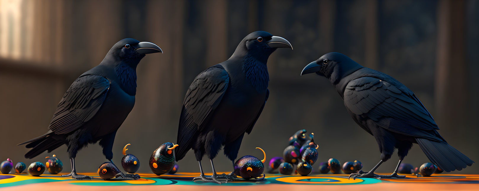 Realistic crows with colorful marbles on reflective surface