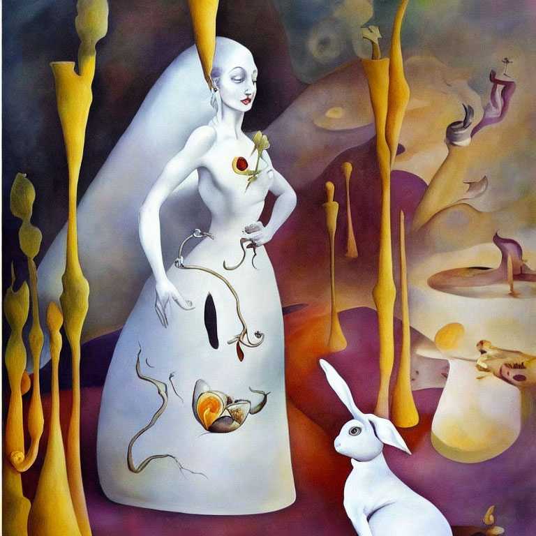 Surreal artwork featuring pale figure, rabbit, and symbolic elements