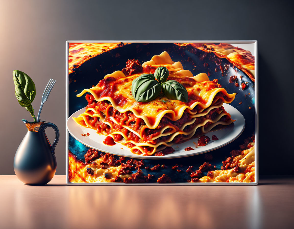 Hyper-realistic painting of lasagna with basil beside vase on canvas