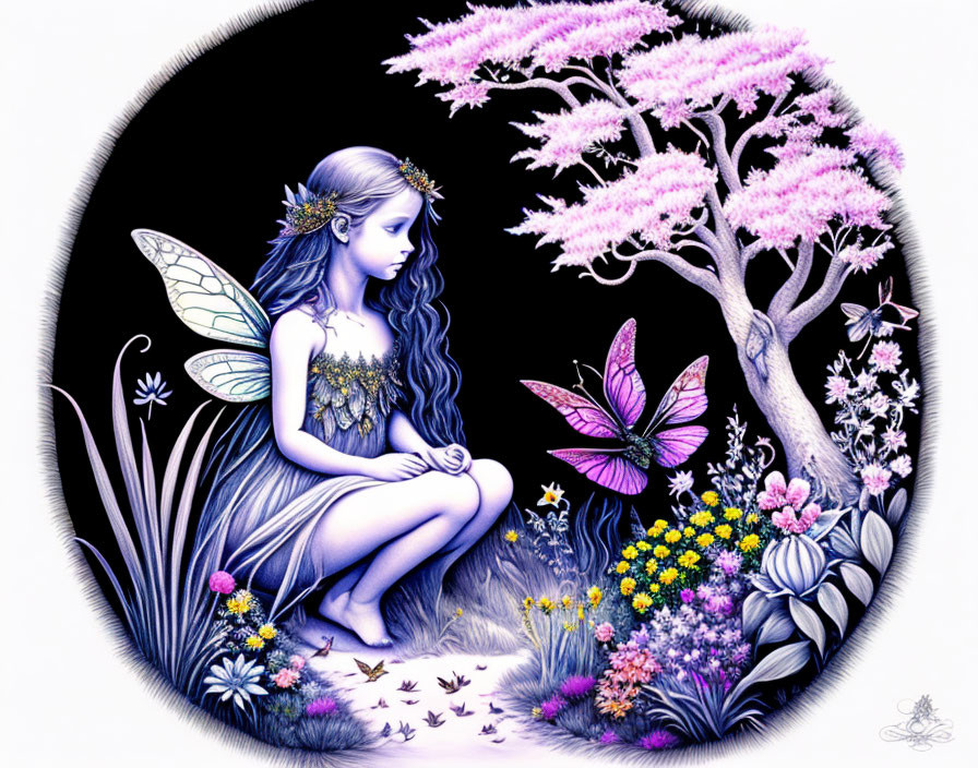 Illustration of winged fairy by blossoming tree with flowers and butterfly