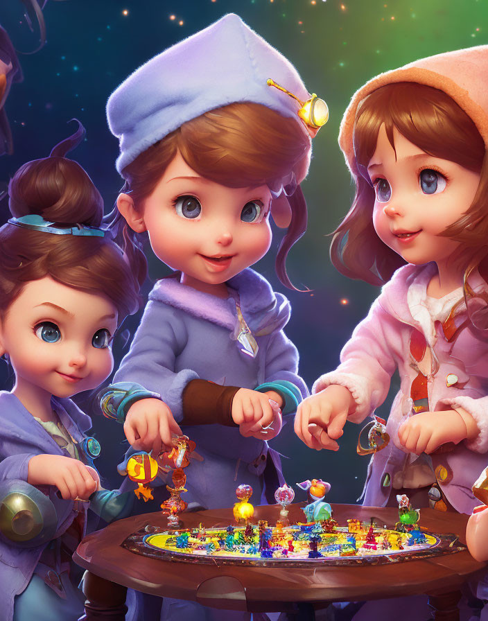 Animated children playing magical board game under starry sky