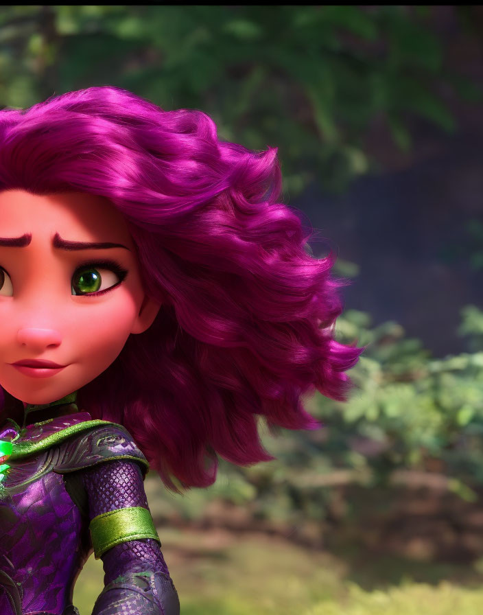 Vibrant purple-haired animated female character in green and black outfit