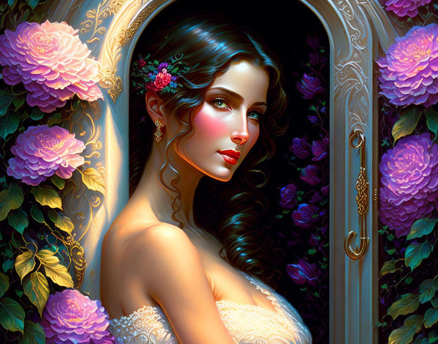 Portrait of woman with dark hair and fair skin surrounded by purple roses near ornate doorway