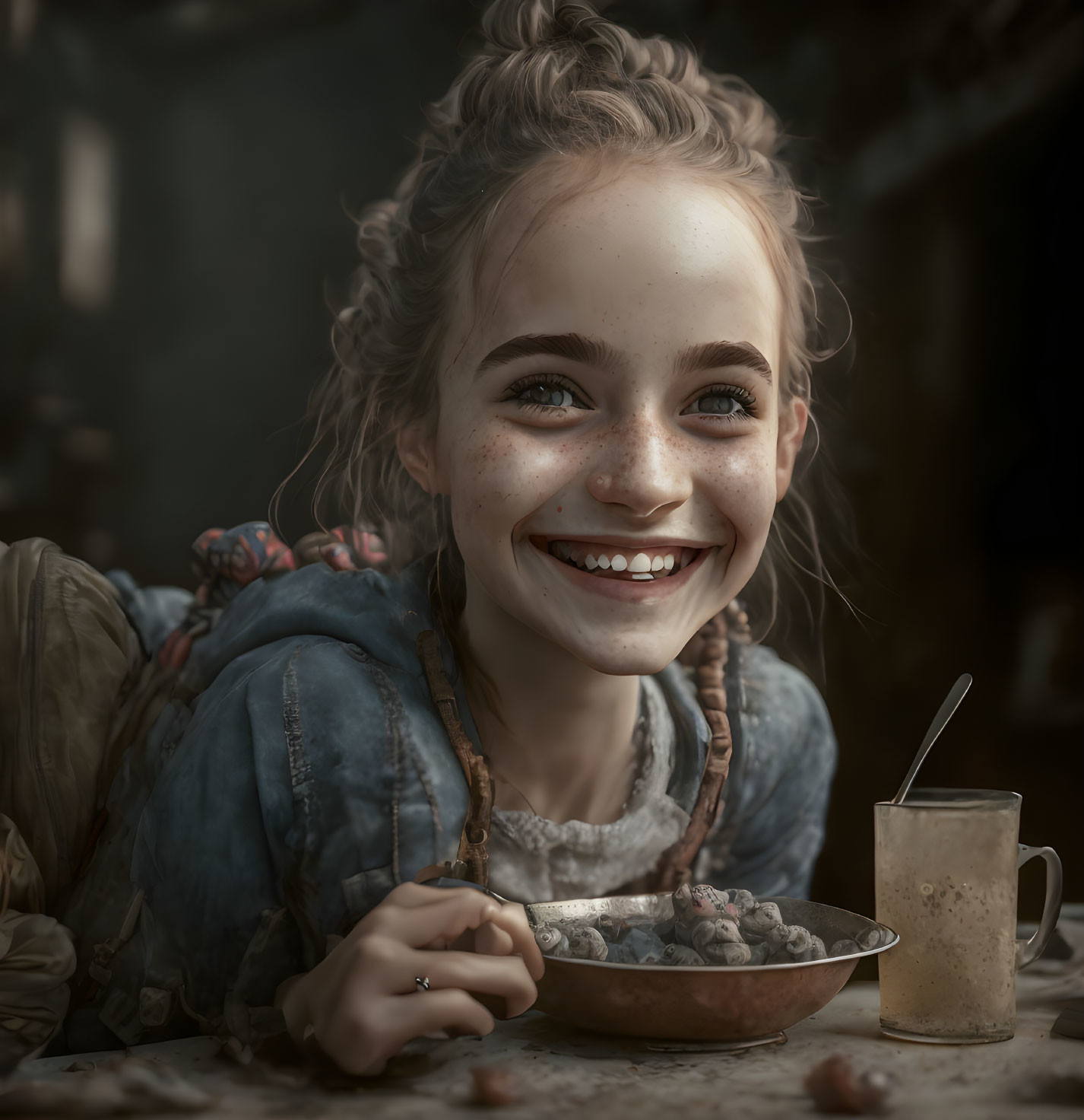 Young girl with braided hair in blue dress eating at rustic table