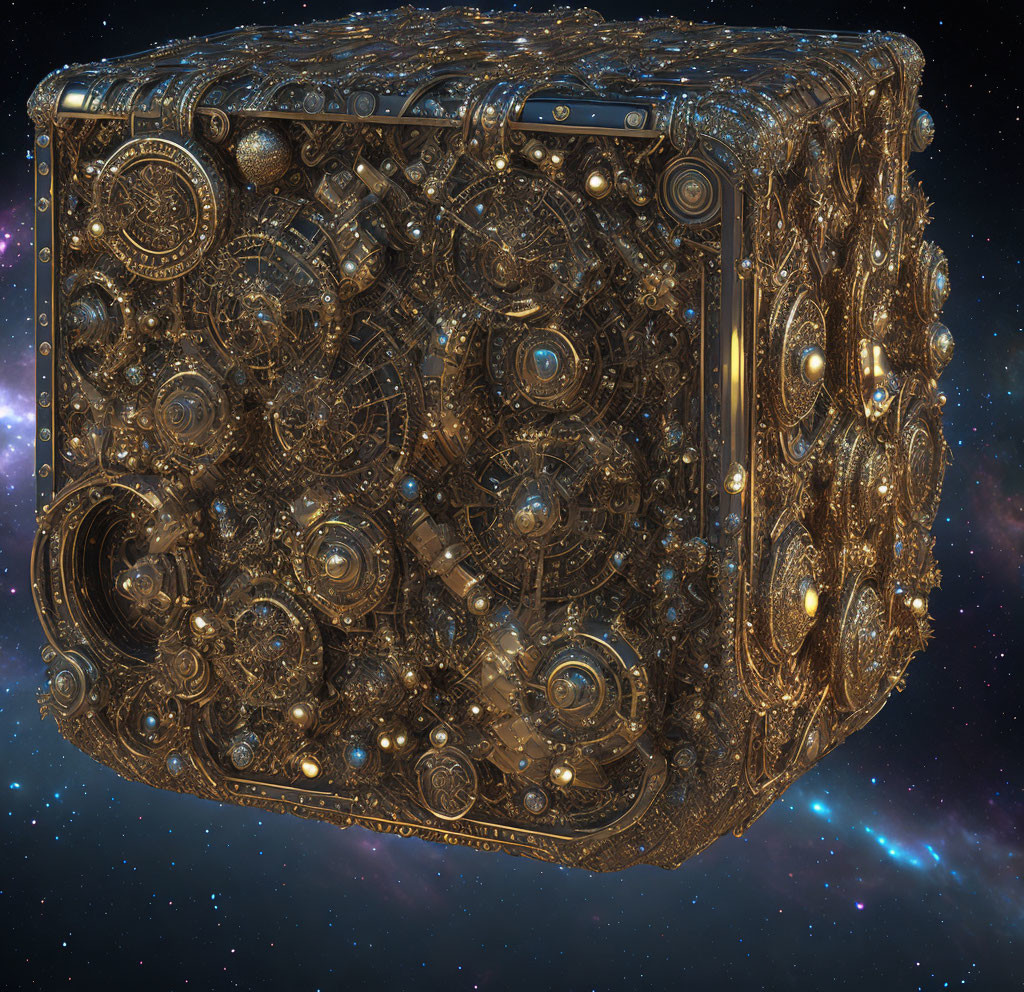 Intricate Cube with Mechanical Gears and Golden Designs