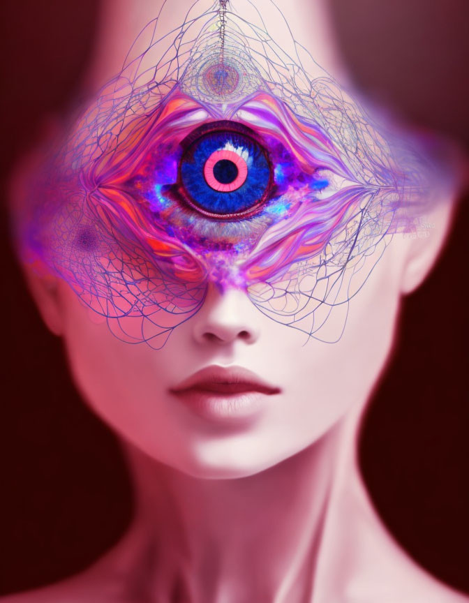 Surreal portrait of person with vividly colored third eye