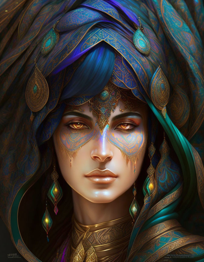 Digital artwork featuring woman with blue hair, ornate headdress, gold jewelry, and facial tattoos.