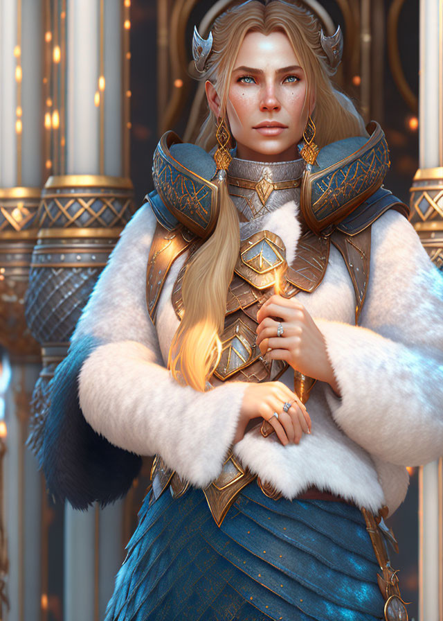 Blonde-haired female in fantasy armor with freckles and fiery emblem