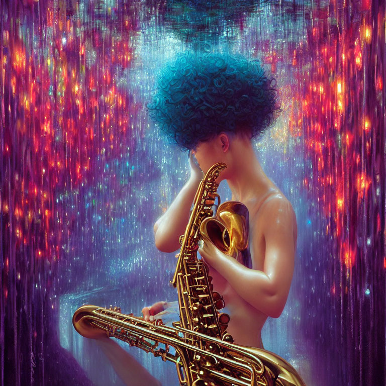 Blue Afro Person Playing Saxophone in Colorful Motion Background