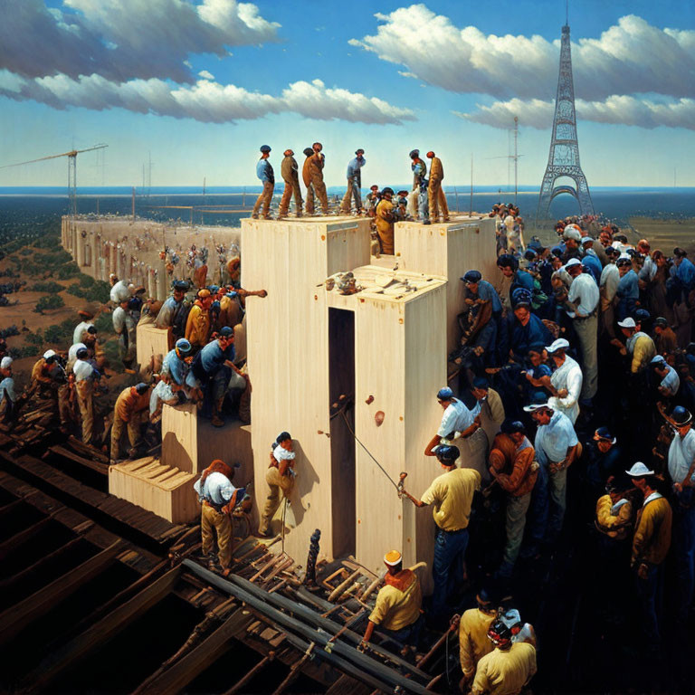 Vintage construction workers on high steel beam framework