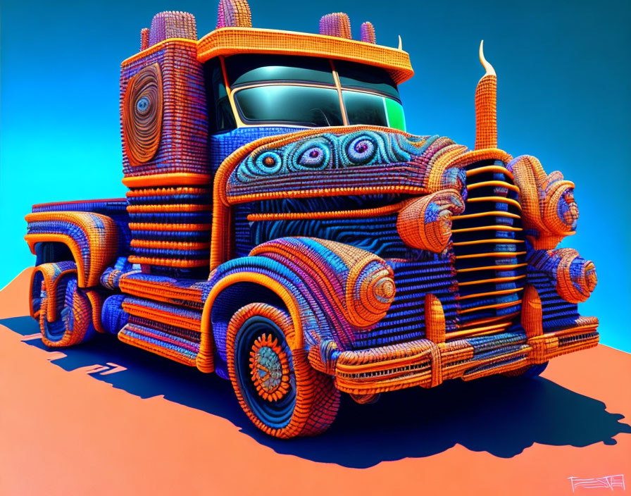 Colorful Psychedelic Texture Truck on Blue and Orange Background
