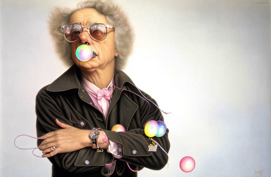 Elderly woman illustration with exaggerated features and bubble gum bubble.
