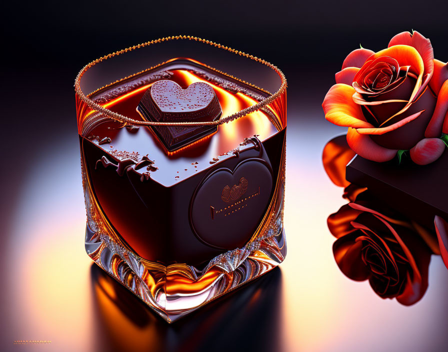 Luxurious Glass with Dark Liquid, Heart Chocolate, and Rose Illustration