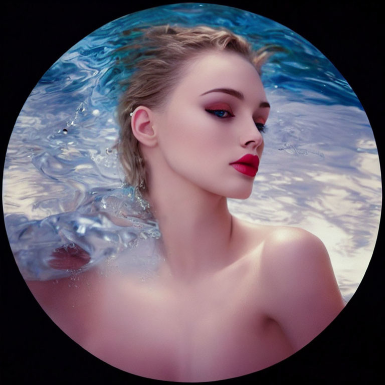 Woman with wavy hair and red lipstick submerged in water.