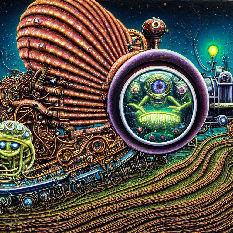 Detailed artwork of whimsical mechanical landscape with colorful pipes and robot-like beings