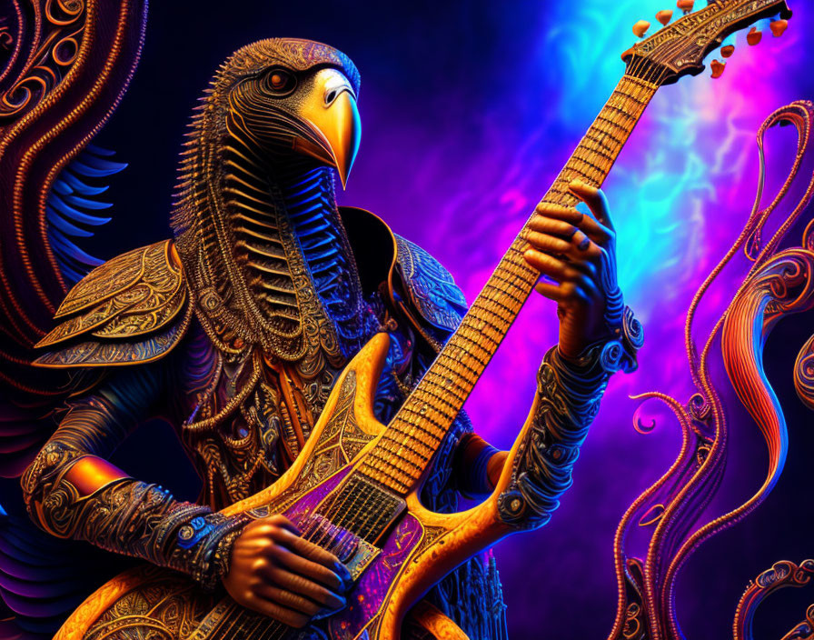 Eagle with human-like arms playing guitar in cosmic background