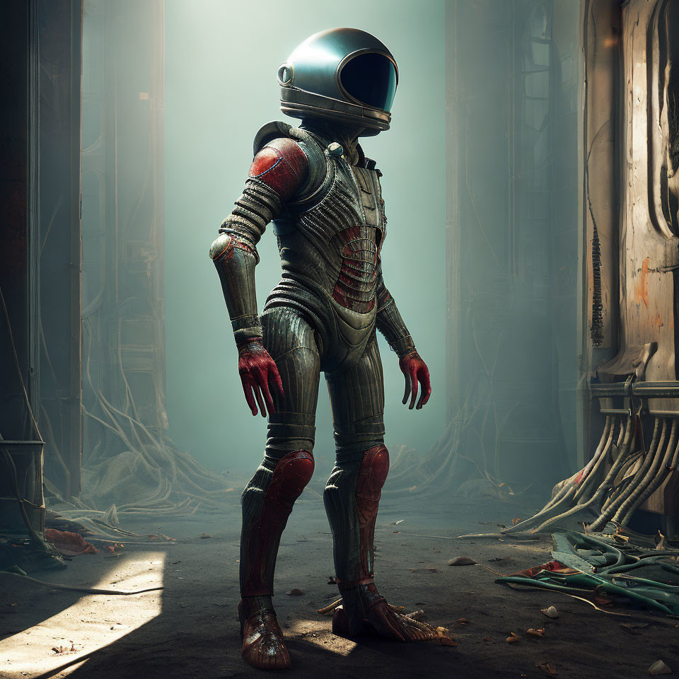 Vintage space suit astronaut exploring abandoned spacecraft in dim light