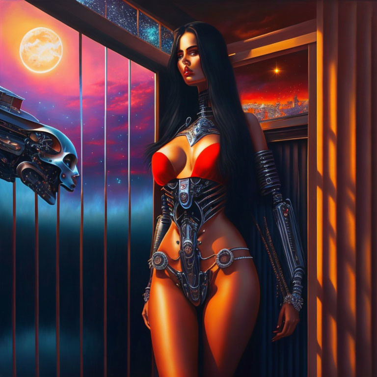 Female Cyborg in Futuristic Armor Beside Cityscape Window