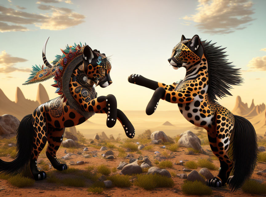 Elaborately Decorated Humanoid Jaguar Figures in Traditional Dance at Sunset