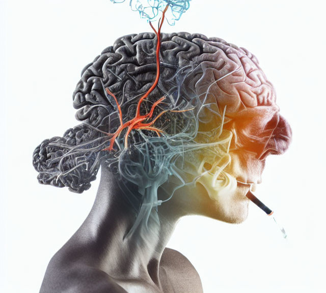 Transparent view of human head profile with brain and blood vessels, white background, cigarette.