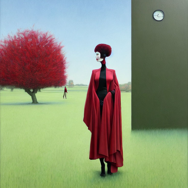 Surreal artwork featuring figure in red cape, tall hair, red tree, small figure, and