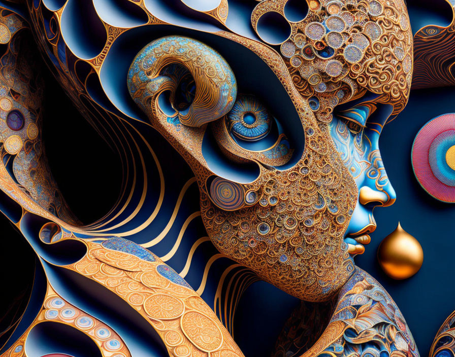 Surreal ornate face with intricate blue, gold, bronze patterns